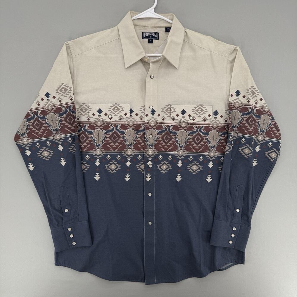 Panhandle Slim Shirt Mens XL Tan Blue Western Pearl Snap Aztec Longhorn Skull